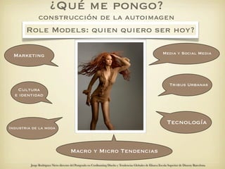 ¿Qué me pongo?
              construcción de la autoimagen
       Role Models: quien quiero ser hoy?

                                                                                                               Media y Social Media
 Marketing



                                                                                                                     Tribus Urbanas
   Cultura
  e identidad




                                                                                                                  Tecnología
Industria de la moda




                                       Macro y Micro Tendencias

         Jorge Rodriguez Nieto director del Postgrado en Coolhunting Diseño y Tendencias Globales de Elisava Escola Superior de Disseny Barcelona
 