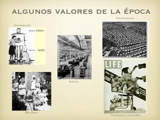 algunos valores de la época
                                     Suburbanizacion

Automatización




                     Industria




         Baby Boom
                                 Consumismo y commodities
 