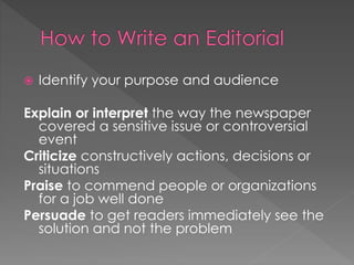  Identify your purpose and audience
Explain or interpret the way the newspaper
covered a sensitive issue or controversial
event
Criticize constructively actions, decisions or
situations
Praise to commend people or organizations
for a job well done
Persuade to get readers immediately see the
solution and not the problem
 
