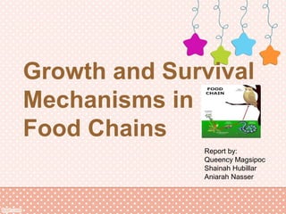 Growth and Survival
Mechanisms in
Food Chains
              Report by:
              Queency Magsipoc
              Shainah Hubillar
              Aniarah Nasser
 