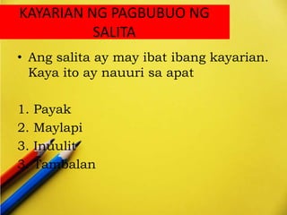 KAYARIAN NG PAGBUBUO NG
SALITA
• Ang salita ay may ibat ibang kayarian.
Kaya ito ay nauuri sa apat
1. Payak
2. Maylapi
3. Inuulit
3. Tambalan
 