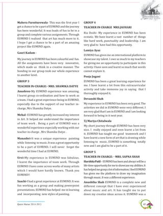 47Queen Marian 2014-2015
Mahera Furniturewala- This was the first year I
gotachancetobeapartofEUMINDandthejourney
has been wonderful. It was loads of fun to be in a
group and complete various assignments. Through
EUMIND I realised that art has much more to it.
I hope I get a chance to be a part of an amazing
project like EUMIND again.
Gauri Kadam -
My journey in EUMIND has been colourful and fun.
All the assignments have been very innovative,
which made us think in a creative manner. The
bonding in our group took our whole experience
to another level.
GROUP 3
Teacher in-charge:- Mrs. Shamika Datye
Anushree-My EUMIND experience was amazing.
I learnt group co-ordination and how to work as
a team. I had a great experience being in EUMIND,
especially due to the support of our teacher in-
charge, Mrs Shamika Datye.
Mehal- EUMIND has greatly increased my interest
in Art. It helped me understand the importance
of team work . Being a part of EUMIND was a
wonderful experience especially working with our
teacher in-charge , Mrs Shamika Datye .
Manashvi-It was a unique experience painting
while listening to music. It was a great opportunity
to be a part of EUMIND. I will never forget the
wonderful time I had at EUMIND.
Urvi-My experience in EUMIND was fabulous.
I learnt the importance of team work. Through
EUMIND I have come across works of many artists
which I would have hardly known. Thank you
EUMIND!!
Saachi-I had a great experience at EUMIND. It was
fun working as a group and making powerpoint
presentations. EUMIND has helped me in learning
and incorporating new styles of painting.
GROUP 4
TEACHER IN CHARGE MRS.JAUHARI
Ria Doshi‐ My experience in EUMIND has been
ecstatic. We have learnt a vast number of things
like hard work, punctuality and leadership. I am
very glad to have had this opportunity.
Lamiya Ayaz
EUMIND has given me an international platform to
showcase my talent. I owe so much to my teachers
for giving me an opportunity to participate in this
activity. I have seen and learnt so much that words
cannot explain it.
Pooja Jogani
EUMIND has been a great learning experience for
me. I have learnt a lot from this extracurricular
activity and take immense joy in saying that I
thoroughly enjoyed it.
Devanshi Shah
My experience in EUMIND has been very good. The
activities we did in EUMIND were very different. I
am very glad that I am in EUMIND and I am looking
forward to being in it next year.
5) Mariya Chitalwala
My short journey through EUMIND has been very
nice. I really enjoyed and even learnt a lot from
it. EUMIND has taught me good teamwork and I
have learnt a new form of art that is drawing while
listening to music. EUMIND is something totally
new and I am glad to be a part of it.
Group 5
Teacher in charge: - Mrs. Sapna Shah
HarshitaPatil–EUMINDhasbeenandalwayswillbea
life-timeopportunityformetoshowcasemyabilities.It
hashelpedmegraspalotofinformation.IfeelEUMIND
has given me the platform to draw my imagination
through music. It was a different experience.
Anushtha Shah EUMIND is a complete new and
different concept that I have ever experienced
about music and art. It has taught me to put
down my creative ideas across it. EUMIND was a
 