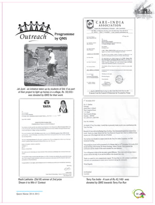 65Queen Marian 2014-2015
Rashi Lakhotia- (Std III) winner of 2nd prize
‘Dream it to Win it’ Contest
Terry Fox India - A sum of Rs.43,148/- was
donated by QMS towards Terry Fox Run
Programme
by QMS
Jal Jyoti - an initiative taken up by students of Std. X as part
of their project to light up homes in a village, Rs. 59,555/-
was donated by QMS for their work.
 