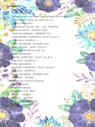 1. ประวัติส่วนตัว
ชื่อ-สกุล นางสาวสุวญาดา ประทุมวี ชื่อเล่น ตอง .
เลขประจาตัว 29607
ชั้นมัธยมศึกษาปีที่ 5 ห้อง 6 เลขที่ 12 สายการเรียน ศิลป์-คานวณ
เกิดวันที่ 24 เดือน เมษายน พ.ศ. 2543 อายุ 16 ปี
หมู่โลหิต เอ โรคประจาตัว -
ที่อยู่ปัจจุบันเลขที่ 160/262 ซอย - ถนน วังน้อย-โรจนะ
ตาบล/แขวง ลาตาเสา อาเภอ/เขต วังน้อย
จังหวัด พระนครศรีอยุธยา รหัสไปรษณีย์ 13170
ปัจจุบันอาศัยอยู่กับ นางสุวัชราภรณ์ ประทุมวี อายุ 45 ปี
อาชีพ แม่บ้าน สถานที่ทางาน –
โทรศัพท์ 098-9463265 เกี่ยวข้องเป็น มารดา
บิดาชื่อ นายสุวรรณ ประทุมวี อายุ 47 ปี
อาชีพ ลูกจ้าง สถานที่ทางาน บริษัท TDK
โทรศัพท์ 098-9463256
มารดาชื่อ นางสุวัชราภรณ์ ประทุมวี อายุ 45 ปี
อาชีพ แม่บ้าน สถานที่ทางาน -
โทรศัพท์ 098-9463265
ผู้ปกครองชื่อ นางสุวัชราภรณ์ ประทุมวี อายุ 45 ปี
อาชีพ แม่บ้าน สถานที่ทางาน -
โทรศัพท์ 098-9463265 เกี่ยวข้องเป็น มารดา
เพื่อนสนิทคนที่ 1 ชื่อ ชื่อเล่น
บ้านเลขที่ ซอย ถนน ตาบล/แขวง อาเภอ/เขต
จังหวัด รหัสไปรษณีย์
โทรศัพท์ 083-0649453
เพื่อนสนิทคนที่ 2 ชื่อ ชื่อเล่น
บ้านเลขที่ ซอย ถนน
ตาบล/แขวง อาเภอ/เขต
จังหวัด ปทุมธานี รหัสไปรษณีย์
โทรศัพท์
 