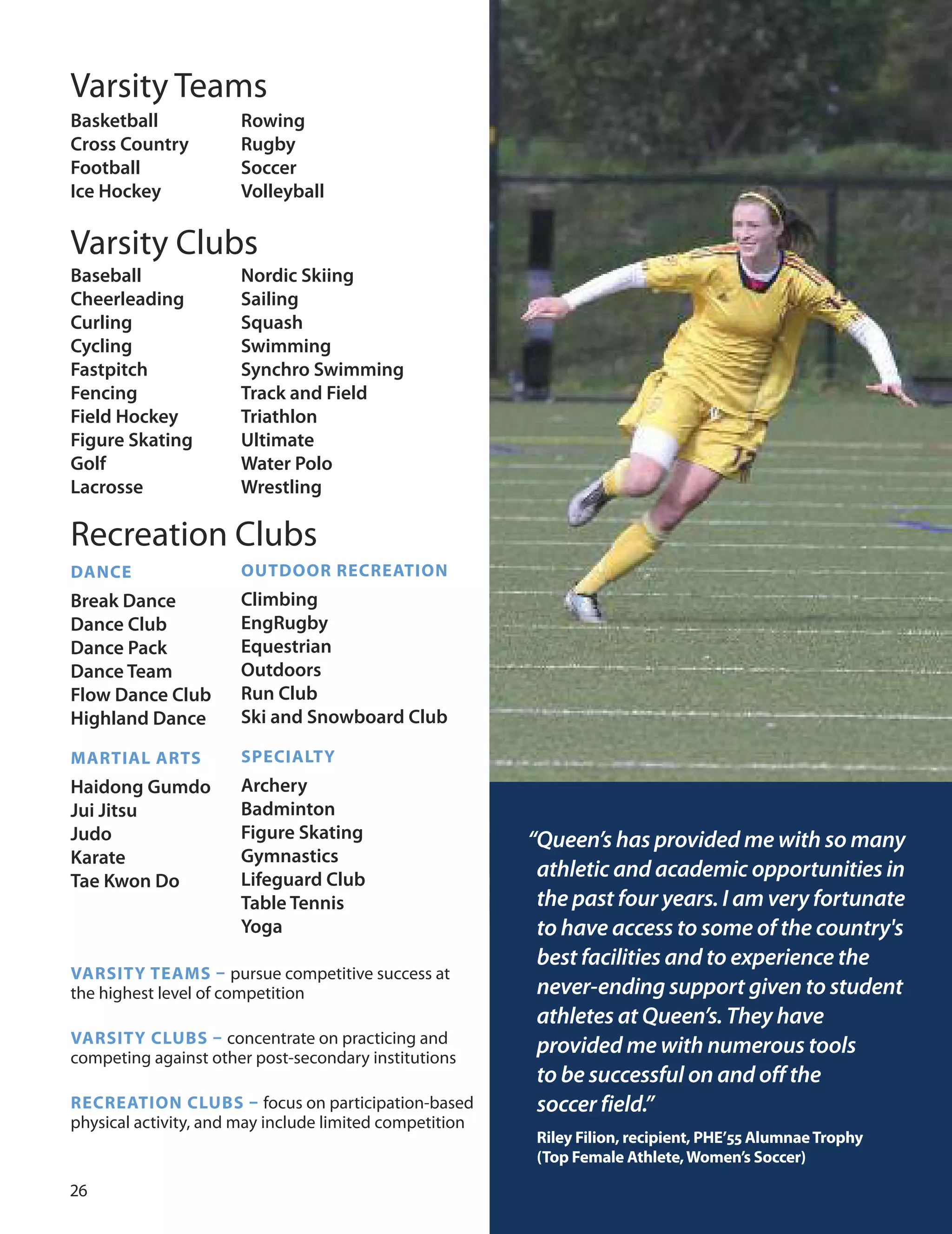 
Varsity Teams
Basketball
Cross Country
Football
Ice Hockey
Rowing
Rugby
Soccer
Volleyball
Varsity Clubs
Baseball
Cheerleading
Curling
Cycling
Fastpitch
Fencing
Field Hockey
Figure Skating
Golf
Lacrosse
Nordic Skiing
Sailing
Squash
Swimming
Synchro Swimming
Track and Field
Triathlon
Ultimate
Water Polo
Wrestling
Recreation Clubs
DAnCe
Break Dance
Dance Club
Dance Pack
Dance Team
Flow Dance Club
Highland Dance
OUTDOOr reCreATIOn
Climbing
EngRugby
Equestrian
Outdoors
Run Club
Ski and Snowboard Club
mArTIAL ArTS
Haidong Gumdo
Jui Jitsu
Judo
Karate
Tae Kwon Do
SPeCIALTY
Archery
Badminton
Figure Skating
Gymnastics
Lifeguard Club
Table Tennis
Yoga
vArSITY TeAmS – pursue competitive success at
the highest level of competition
vArSITY CLUBS – concentrate on practicing and
competing against other post-secondary institutions
reCreATIOn CLUBS – focus on participation-based
physical activity, and may include limited competition
“Queen’s has provided me with so many
athletic and academic opportunities in
the past four years. I am very fortunate
to have access to some of the country's
best facilities and to experience the
never-ending support given to student
athletes at Queen’s. They have
provided me with numerous tools
to be successful on and off the
soccer field.”
riley filion, recipient, PHe’55 AlumnaeTrophy
(Top female Athlete,Women’s Soccer)
 