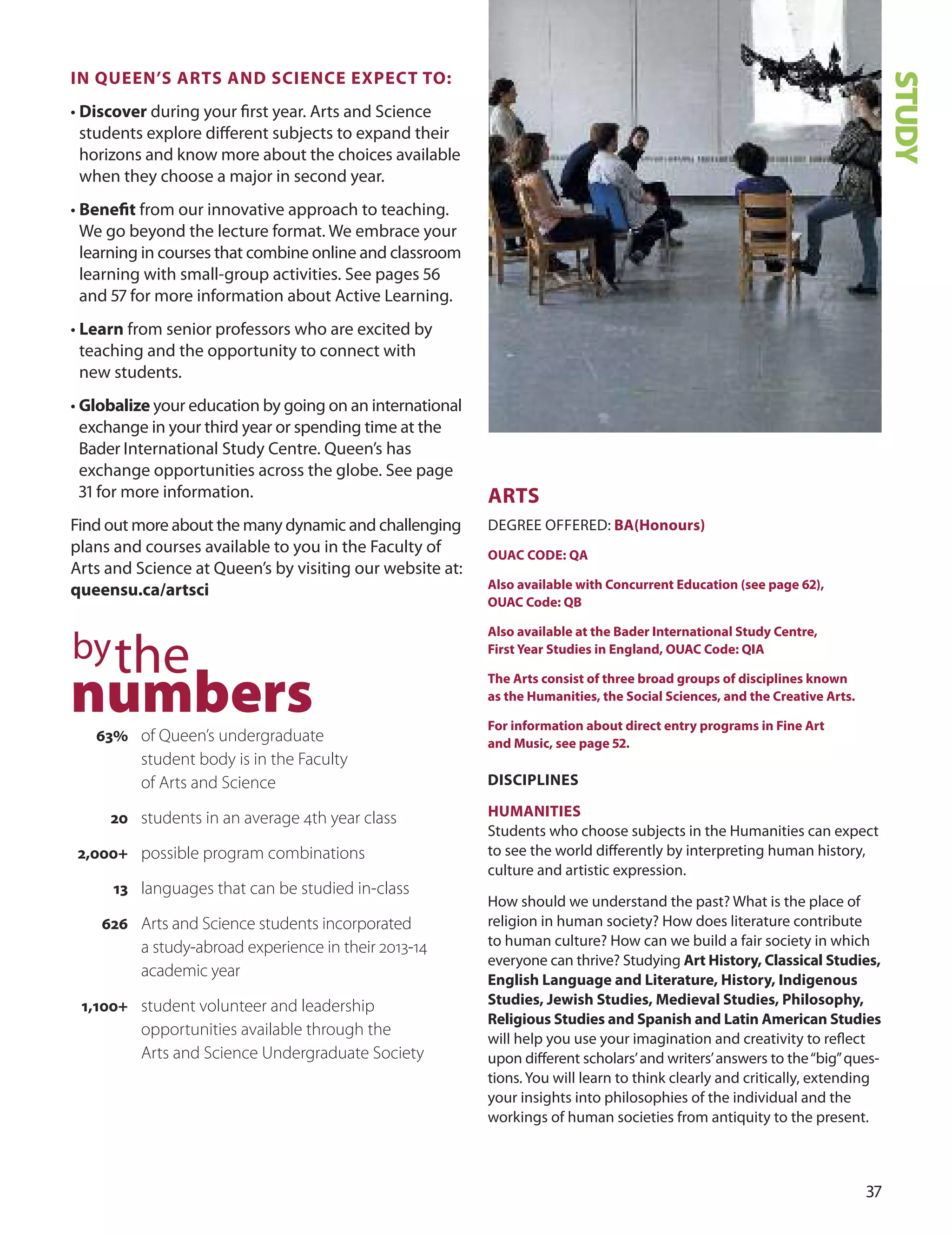 7
In QUeen’S ArTS AnD SCIenCe exPeCT TO:
• Discover during your ﬁrst year. Arts and Science
students explore diﬀerent subjects to expand their
horizons and know more about the choices available
when they choose a major in second year.
• Beneﬁt from our innovative approach to teaching.
We go beyond the lecture format. We embrace your
learning in courses that combine online and classroom
learning with small-group activities. See pages 
and 7 for more information about Active Learning.
• Learn from senior professors who are excited by
teaching and the opportunity to connect with
new students.
• Globalize your education by going on an international
exchange in your third year or spending time at the
Bader International Study Centre. Queen’s has
exchange opportunities across the globe. See page
1 for more information.
Find out more about the many dynamic and challenging
plans and courses available to you in the Faculty of
Arts and Science at Queen’s by visiting our website at:
queensu.ca/artsci
ArTS
dEGREE oFFEREd: BA(Honours)
OUAC CODe: QA
Also available with Concurrent education (see page 62),
OUAC Code: QB
Also available at the Bader International Study Centre,
first Year Studies in england, OUAC Code: QIA
The Arts consist of three broad groups of disciplines known
as the Humanities, the Social Sciences, and the Creative Arts.
for information about direct entry programs in fine Art
and music, see page 52.
DISCIPLIneS
HUmAnITIeS
Students who choose subjects in the Humanities can expect
to see the world diﬀerently by interpreting human history,
culture and artistic expression.
How should we understand the past? What is the place of
religion in human society? How does literature contribute
to human culture? How can we build a fair society in which
everyone can thrive? Studying Art History, Classical Studies,
english Language and Literature, History, Indigenous
Studies, Jewish Studies, medieval Studies, Philosophy,
religious Studies and Spanish and Latin American Studies
will help you use your imagination and creativity to reﬂect
upon diﬀerent scholars’and writers’answers to the“big”ques-
tions. You will learn to think clearly and critically, extending
your insights into philosophies of the individual and the
workings of human societies from antiquity to the present.
STUDY
bythe
numbers63% of Queen’s undergraduate
student body is in the Faculty
of Arts and Science
20 students in an average 4th year class
2,000+ possible program combinations
13 languages that can be studied in-class
626 Arts and Science students incorporated
a study-abroad experience in their 2013-14
academic year
1,100+ student volunteer and leadership
opportunities available through the
Arts and Science Undergraduate Society
 