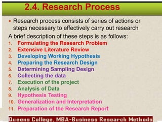 2.4. Research Process
 Research process consists of series of actions or
steps necessary to effectively carry out research
A brief description of these steps is as follows:
1. Formulating the Research Problem
2. Extensive Literature Review
3. Developing Working Hypothesis
4. Preparing the Research Design
5. Determining Sampling Design
6. Collecting the data
7. Execution of the project
8. Analysis of Data
9. Hypothesis Testing
10. Generalization and Interpretation
11. Preparation of the Research Report
 