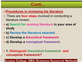 Conti…
Procedures in reviewing the literature
There are four steps involved in conducting a
literature review:
 a) Search for existing literature in your area of
study
 b) Review the literature selected
 c) Develop a theoretical framework
 d) Develop a conceptual framework.
 1. Distinguish theoretical framework and
conceptual framework?
 