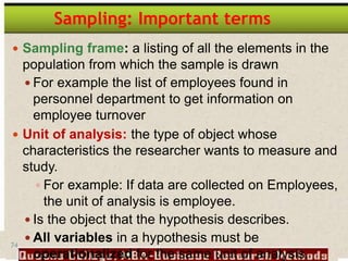 74
Sampling: Important terms
 Sampling frame: a listing of all the elements in the
population from which the sample is drawn
 For example the list of employees found in
personnel department to get information on
employee turnover
 Unit of analysis: the type of object whose
characteristics the researcher wants to measure and
study.
 For example: If data are collected on Employees,
the unit of analysis is employee.
 Is the object that the hypothesis describes.
 All variables in a hypothesis must be
operationalized for the same unit of analysis.
 