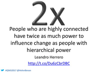 #QNIS2017 @HelenBevan
People who are highly connected
have twice as much power to
influence change as people with
hierarch...