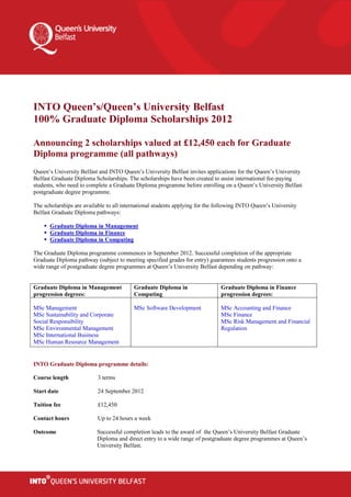 Queen's University Belfast - Diploma 100% scholarships 2012 - 2013