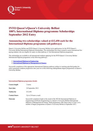 Queen's University Belfast - Diploma 100% Scholarship 2 - 2012 - 2013