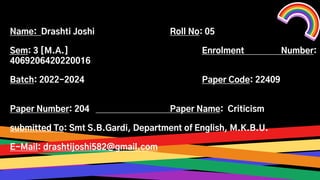 Name: Drashti Joshi Roll No: 05
Sem: 3 [M.A.] Enrolment Number:
4069206420220016
Batch: 2022-2024 Paper Code: 22409
Paper ...