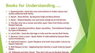 Books for Understanding....
 1. Queering India : Same-Sex Love and eroticism in indian culture and
society edited by Ruth Vanita.
 2. Myself, Mona Ahmed, By Dayanita Singh and Mona Ahmed.
 3. Queer : Dispired Quality, Law and social change by Arvind Narrain.
 4. The Man who was a woman and other queer Tales from Hindu Lord by
Pardatt Pattnaik.
 5. Made in India Decolonisation, Queer sexualities, Trans/National Projects
by Suparna Bhaskaran.
 6. Love'S Rite : Same-Sex Marriage in india and the west by Ruth Vanita.
 7. Because i have a voice : Queer Politic in india edited by Gautam Bhan
and Arvind Narrain.
 8. Impressive Desires : queer Diasparas and south asian public cultures by
Gayatri Gopinath.
 9. With Respect to Sex : Negotiating Hijra identity in south India by Gayatri
Reddy.
 10. Shikhandi and other Stories They don't tell you by Devdutt Pattnaik.
 