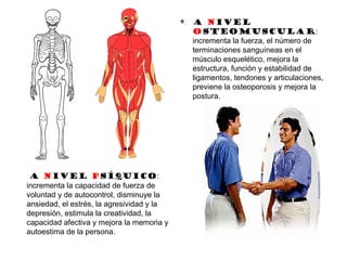 • A nivel
osteomuscular:
incrementa la fuerza, el número de
terminaciones sanguíneas en el
músculo esquelético, mejora la
estructura, función y estabilidad de
ligamentos, tendones y articulaciones,
previene la osteoporosis y mejora la
postura.
A nivel psíquico:
incrementa la capacidad de fuerza de
voluntad y de autocontrol, disminuye la
ansiedad, el estrés, la agresividad y la
depresión, estimula la creatividad, la
capacidad afectiva y mejora la memoria y
autoestima de la persona.
 