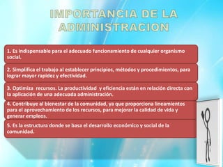 1. Es indispensable para el adecuado funcionamiento de cualquier organismo
social.

2. Simplifica el trabajo al establecer principios, métodos y procedimientos, para
lograr mayor rapidez y efectividad.

3. Optimiza recursos. La productividad y eficiencia están en relación directa con
la aplicación de una adecuada administración.
4. Contribuye al bienestar de la comunidad, ya que proporciona lineamientos
para el aprovechamiento de los recursos, para mejorar la calidad de vida y
generar empleos.
5. Es la estructura donde se basa el desarrollo económico y social de la
comunidad.
 