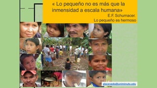 40
alacevedo@uniminuto.edu
« Lo pequeño no es más que la
inmensidad a escala humana»
E.F
. Schumacer.
Lo pequeño es hermoso
 