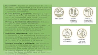 • Resiliencia: Mejorar la resiliencia de las
personas, las comunidades y los ecosistemas es
fundamental para lograr sistemas alimentarios
y agrícolas sostenibles.
• Valores humanos y sociales: Proteger y mejorar
los medios de vida, la equidad y el bienestar
social es fundamental para lograr sistemas
alimentarios y agrícolas sostenibles.
• Cultura y tradiciones alimentarias: Mediante
el apoyo a unas dietas saludables,
diversificadas y culturalmente apropiadas, la
agroecología contribuye a la seguridad
alimentaria y la nutrición al tiempo que
mantiene la salud de los ecosistemas.
• Gobernanza responsable: Para lograr una
alimentación y una agricultura sostenibles es
necesario adoptar mecanismos de gobernanza
responsables y eficaces a diferentes escalas,
de la local a la nacional y la mundial.
• Economía circular y solidaria: Las economías
circulares y solidarias que reconectan a
productores y consumidores ofrecen soluciones
innovadoras para vivir dentro de los límites
de nuestro planeta y, al mismo tiempo,
afianzan las bases sociales para el desarrollo
inclusivo y sostenible.
 