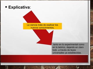 • Explicativa: 
La ciencia trata de explicar los 
nuevos conocimientos, 
tanto en lo experimental como 
en lo teórico, dejando en claro 
todo ,a través de leyes 
universales ya establecidas. 
 