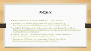 Bibliografía
• Centro Panamericano de Estudios Superiores. La Ciencia. México D.C.
• Ezequiel, (2010), Ciencia [Mensaje en un blog]. México. Recuperado de
http://lalecturaesdegranutilidad.blogspot.com/2010/10/ciencia_6893.html
• Aula Fácil, (2015), Curso Gratis de Investigación [En Línea]. España. Disponible en
http://www.aulafacil.com/cursos/l11272/ciencia/investigacion/investigacion/generalidade
s-sobre-el-proceso-de-investigacion
• Massuh, Carlos, (2011), Método de la Ciencia [En línea]. Ecuador. Disponible en
http://es.slideshare.net/cmassuh/metodo-de-la-ciencia.
• Sinapsip.com, (2015),Que es una ley científica? [En línea] Disponible en
http://www.sinapsit.com/ciencia/que-es-una-ley-cientifica/
 