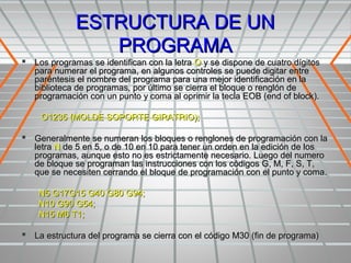 ESTRUCTURA DE UN
                PROGRAMA
 Los programas se identifican con la letra O y se dispone de cuatro dígitos
   para numerar el programa, en algunos controles se puede digitar entre
   paréntesis el nombre del programa para una mejor identificación en la
   biblioteca de programas, por último se cierra el bloque o renglón de
   programación con un punto y coma al oprimir la tecla EOB (end of block).

    O1235 (MOLDE SOPORTE GIRATRIO);

 Generalmente se numeran los bloques o renglones de programación con la
   letra N de 5 en 5, o de 10 en 10 para tener un orden en la edición de los
   programas, aunque esto no es estrictamente necesario. Luego del numero
   de bloque se programan las instrucciones con los códigos G, M, F, S, T,
   que se necesiten cerrando el bloque de programación con el punto y coma.

    N5 G17G15 G40 G80 G94;
    N10 G90 G54;
    N15 M6 T1;

 La estructura del programa se cierra con el código M30 (fin de programa)
 