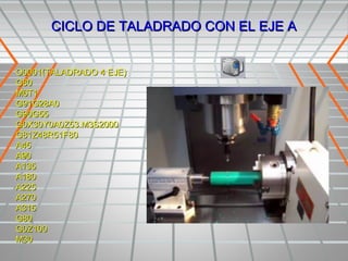CICLO DE TALADRADO CON EL EJE A


O0001(TALADRADO 4 EJE)
G80
M6T1
G91G28A0
G90G55
G0X30Y0A0Z53.M3S2000
G81Z48R51F80
A45
A90
A135
A180
A225
A270
A315
G80
G0Z100
M30
 