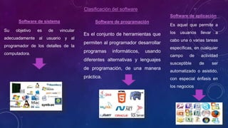 Clasificación del software
Software de sistema
Su objetivo es de vincular
adecuadamente al usuario y al
programador de los detalles de la
computadora.
Software de programación
Es el conjunto de herramientas que
permiten al programador desarrollar
programas informáticos, usando
diferentes alternativas y lenguajes
de programación, de una manera
práctica.
Software de aplicación
Es aquel que permite a
los usuarios llevar a
cabo una o varias tareas
específicas, en cualquier
campo de actividad
susceptible de ser
automatizado o asistido,
con especial énfasis en
los negocios
 