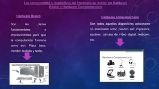 Los componentes y dispositivos del Hardware se dividen en Hardware
Básico y Hardware Complementario
Hardware Básico
Son las piezas
fundamentales e
imprescindibles para que
la computadora funcione
como son: Placa base,
monitor, teclado y ratón.
Hardware complementario
Son todos aquellos dispositivos adicionales
no esenciales como pueden ser: impresora,
escáner, cámara de vídeo digital, webcam,
etc.
 