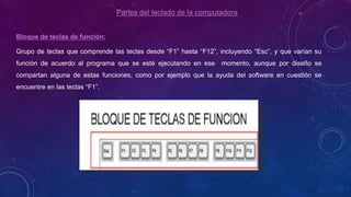 Partes del teclado de la computadora
Bloque de teclas de función:
Grupo de teclas que comprende las teclas desde “F1” hasta “F12”, incluyendo “Esc”, y que varían su
función de acuerdo al programa que se esté ejecutando en ese momento, aunque por diseño se
compartan alguna de estas funciones, como por ejemplo que la ayuda del software en cuestión se
encuentre en las teclas “F1”.
 