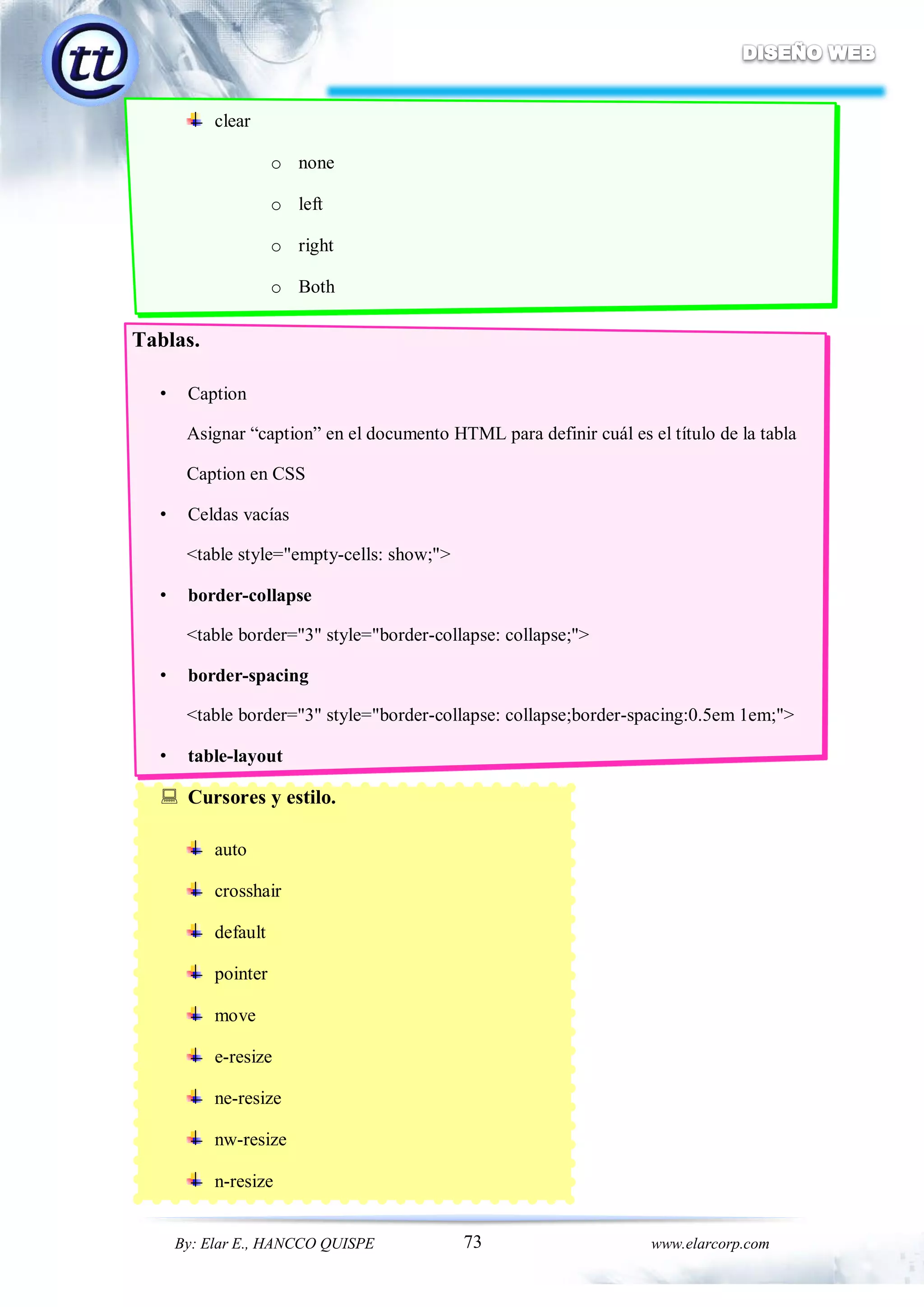 73By: Elar E., HANCCO QUISPE www.elarcorp.com
clear
o none
o left
o right
o Both
Tablas.
• Caption
Asignar “caption” en el documento HTML para definir cuál es el título de la tabla
Caption en CSS
• Celdas vacías
<table style="empty-cells: show;">
• border-collapse
<table border="3" style="border-collapse: collapse;">
• border-spacing
<table border="3" style="border-collapse: collapse;border-spacing:0.5em 1em;">
• table-layout
 Cursores y estilo.
auto
crosshair
default
pointer
move
e-resize
ne-resize
nw-resize
n-resize
 