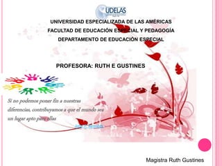 Magistra Ruth Gustines
UNIVERSIDAD ESPECIALIZADA DE LAS AMÉRICAS
FACULTAD DE EDUCACIÓN ESPECIAL Y PEDAGOGÍA
DEPARTAMENTO D...