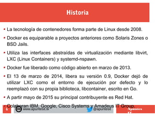 6
Historia
www.apuntesit.tk @apuntesit Apuntes
IT
La tecnología de contenedores forma parte de Linux desde 2008.
Docker es equiparable a proyectos anteriores como Solaris Zones o
BSD Jails.
Utiliza las interfaces abstraídas de virtualización mediante libvirt,
LXC (Linux Containers) y systemd-nspawn.
Docker fue liberado como código abierto en marzo de 2013.
El 13 de marzo de 2014, libera su versión 0.9, Docker dejó de
utilizar LXC como el entorno de ejecución por defecto y lo
reemplazó con su propia biblioteca, libcontainer, escrito en Go.
A partir mayo de 2015 su principal contribuyente es Red Hat.
Colaboran IBM, Google, Cisco Systems y Amadeus IT Group.
 