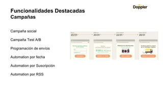 Campaña social
Campaña Test A/B
Programación de envíos
Automation por fecha
Automation por Suscripción
Automation por RSS
Funcionalidades Destacadas
Campañas
 