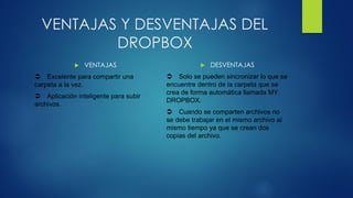 VENTAJAS Y DESVENTAJAS DEL
DROPBOX
VENTAJAS
Excelente para compartir una
carpeta a la vez.
Aplicación inteligente para subir
archivos.
DESVENTAJAS
Solo se pueden sincronizar lo que se
encuentre dentro de la carpeta que se
crea de forma automática llamada MY
DROPBOX.
Cuando se comparten archivos no
se debe trabajar en el mismo archivo al
mismo tiempo ya que se crean dos
copias del archivo.