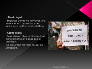 o Aborto legal:
• En países donde no hay leyes que
lo sancionen , por motivos de
violación o malformación del feto.

oAborto   ilegal:
• Se realiza en clínicas clandestinas,
generalmente en países que lo
prohíben.
•Se presentan mayores riesgos de
antisepsia.




                                         ROCIO QUIÑONEZ BARRA
 