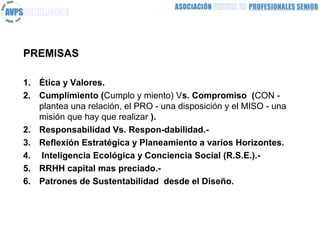 PREMISAS

1. Ética y Valores.
2. Cumplimiento (Cumplo y miento) Vs. Compromiso (CON -
   plantea una relación, el PRO - una disposición y el MISO - una
   misión que hay que realizar ).
2. Responsabilidad Vs. Respon-dabilidad.-
3. Reflexión Estratégica y Planeamiento a varios Horizontes.
4. Inteligencia Ecológica y Conciencia Social (R.S.E.).-
5. RRHH capital mas preciado.-
6. Patrones de Sustentabilidad desde el Diseño.
 