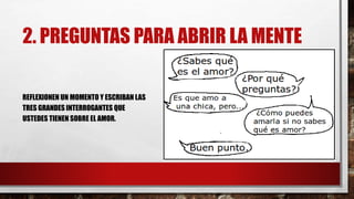 2. PREGUNTAS PARA ABRIR LA MENTE
REFLEXIONEN UN MOMENTO Y ESCRIBAN LAS
TRES GRANDES INTERROGANTES QUE
USTEDES TIENEN SOBRE EL AMOR.
 