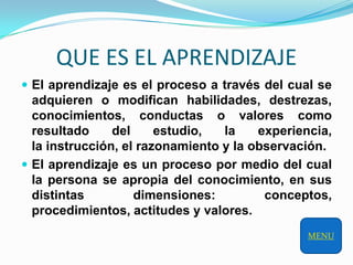 QUE ES EL APRENDIZAJE
 El aprendizaje es el proceso a través del cual se
  adquieren o modifican habilidades, destrezas,
  conocimientos, conductas o valores como
  resultado     del     estudio,  la    experiencia,
  la instrucción, el razonamiento y la observación.
 El aprendizaje es un proceso por medio del cual
  la persona se apropia del conocimiento, en sus
  distintas         dimensiones:         conceptos,
  procedimientos, actitudes y valores.
                                               MENU
 