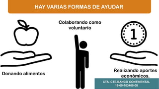 HAY VARIAS FORMAS DE AYUDAR
Donando alimentos
Realizando aportes
económicos.
Colaborando como
voluntario
CTA. CTE.BANCO CONTINENTAL
16-00-763460-00
 