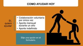 COMO AYUDAR HOY
Elije una opción en el
formulario.
Sí,
quiero
ayudar
• Colaboración voluntaria
por única vez
• Aporte mensual
durante un año
• Aporte indefinido
 