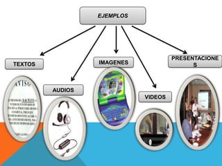 EJEMPLOS




                                      PRESENTACIONE
TEXTOS            IMAGENES                  S



         AUDIOS
                             VIDEOS
 