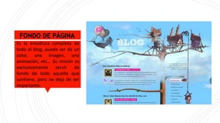 FONDO DE PÁGINA
Es la envoltura completa de
todo el blog, puede ser de un
color, una imagen, una
animación, etc… Su misión es
exclusivamente servir de
fondo de todo aquello que
contiene, pero no deja de ser
importante.
 