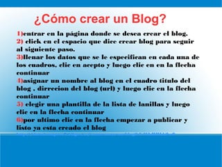¿Cómo crear un Blog?
1)entrar en la página donde se desea crear el blog.
2) click en el espacio que dice crear blog para seguir
al siguiente paso.
3)llenar los datos que se le especifican en cada una de
los cuadros, clic en acepto y luego clic en en la flecha
continuar
4)asignar un nombre al blog en el cuadro titulo del
blog , dirrecion del blog (url) y luego clic en la flecha
continuar
5) elegir una plantilla de la lista de lanillas y luego
clic en la flecha continuar
6)por ultimo clic en la flecha empezar a publicar y
listo ya esta creado el blog
http://detodounpoco7.bligoo.ec/como-crear-un-blog#.U4CkHHLh2w0
 
