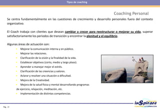 Pág . 21
Coaching Personal
Se centra fundamentalmente en las cuestiones de crecimiento y desarrollo personales fuera del contexto
organizativo.
El Coach trabaja con clientes que desean cambiar y crecer para reestructurar o mejorar su vida, superar
satisfactoriamente los periodos de transición y encontrar la plenitud y el equilibrio.
Algunas áreas de actuación son:
• Mejorar la comunicación interna y en público.
• Mejorar las relaciones.
• Clarificación de la visión y la finalidad de la vida.
• Establecer objetivos (corto, medio y largo plazo).
• Aprender a manejar mejor el estrés.
• Clarificación de las creencias y valores.
• Aclarar y resolver una situación o dificultad.
• Mejora de la Creatividad.
• Mejora de la salud física y mental desarrollando programas
de ejercicio, relajación, meditación, etc.
• Implementación de distintas competencias.
Tipos de coaching
 