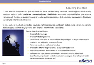 Pág . 22
Coaching Directivo
Es una relación individualizada y de colaboración entre un Directivo y un Coach con el objetivo de alcanzar y
mantener mejoras en las conductas, comportamientos y habilidades, aportando mayor calidad de vida personal
y profesional. También se pueden trabajar creencias y distintos aspectos de la Identidad que ayuden a Directivo a
superar una determinada limitación
El líder recibe el feedback completo a través de múltiples recursos, y el Coach trabaja junto a él en el desarrollo
de estrategias, alternativas y opciones para afrontar determinadas situaciones.
Algunas áreas de actuación son:
 Desarrollo del liderazgo.
 Desarrollo de Competencias
 Asistir líderes cuyo estilo de personalidad es mejorable para un mayor beneficio de las
relaciones con sus iguales, personas y clientes.
 Tener una orientación profesional atractiva.
 Desarrollar el horizonte profesional y las expectativas del líder.
 Realizar seguimientos de resultados de análisis de Feedback 360º.
 Incrementar la capacidad del ejecutivo para gestionar y dirigir la organización
(planificación, organización, control, visualización estratégica, desarrollo y motivación
de personas, gestión del tiempo, etc.)
Tipos de coaching
 