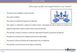 Pág . 27
o Para trazar líneas estratégicas y planes de acción.
o Para superar conflictos.
o Para mejorar en la gestión de equipos y sus relaciones.
o Para mejorar el rendimiento y potenciar el óptimo avance y desempeño de todo el espectro de personas que
integran la organización, desde sus líderes hasta su personal operativo.
o Para aprender a motivar, y motivarse, a través de la adecuada formulación y consecución de objetivos.
o Para gestionar el Cambio y fluir inteligentemente ante las adversidades
o Para asentar la Cultura y los Valores de la organización entre sus integrantes.
o Para aprender a comunicarse de manera óptima y productiva.
¿Para qué acude una organización a un Coach?
¿Para qué el coaching?
 