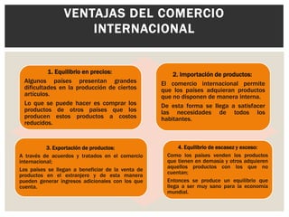 VENTAJAS DEL COMERCIO
INTERNACIONAL

1. Equilibrio en precios:
Algunos países presentan grandes
dificultades en la producción de ciertos
artículos.
Lo que se puede hacer es comprar los
productos de otros países que los
producen estos productos a costos
reducidos.

3. Exportación de productos:
A través de acuerdos y tratados en el comercio
internacional;
Los países se llegan a beneficiar de la venta de
productos en el extranjero y de esta manera
pueden generar ingresos adicionales con los que
cuenta.

2. Importación de productos:
El comercio internacional permite
que los países adquieran productos
que no disponen de manera interna.
De esta forma se llega a satisfacer
las necesidades de todos los
habitantes.

4. Equilibrio de escasez y exceso:
Como los países venden los productos
que tienen en demasía y otros adquieren
aquellos productos con los que no
cuentan;
Entonces se produce un equilibrio que
llega a ser muy sano para la economía
mundial.

 