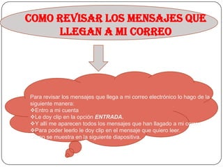 Como revisar los mensajes que
     llegan a mi correo




Para revisar los mensajes que llega a mi correo electrónico lo hago de la
siguiente manera:
Entro a mi cuenta
Le doy clip en la opción ENTRADA.
Y allí me aparecen todos los mensajes que han llagado a mi correo.
Para poder leerlo le doy clip en el mensaje que quiero leer.
Como se muestra en la siguiente diapositiva.
 