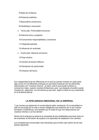 5-Radio de confianza.

        6-Presencia auténtica

        7-Descontento constructivo.

        8-Flexibilidad y renovación.

    •     Tercer pilar: Profundidad emocional.

        9-Potencial único y propósito.

        10-Compromiso responsabilidad y conciencia.

        11-Integridad aplicada.

        12-Influencia sin autoridad.

    •     Cuarto pilar: Alquimia emocional.

        13-Flujo intuitivo.

        14-Cambio de tiempo reflexivo.

        15-Percepción de oportunidad.

        16-Creación del futuro.




Con independencia de las diferencias en lo que los autores incluyen en cada parte,
algo común en los diferentes enfoques es que todos empiezan por los elementos
relacionados con “nosotros mismos”, es decir, todo lo que pueda contribuir a
conocernos mejor, superar nuestras limitaciones, para que después el auditor pueda
manejar las relaciones con los demás ya que esto según lo leído es muy importante
en el ambiente laboral .



                 LA INTELIGENCIA EMOCIONAL EN LA EMPRESA.

" Las normas que gobiernan el mundo laboral están cambiando. En la actualidad no
sólo se nos juzga por lo más o menos inteligentes que podamos ser ni por nuestra
formación o experiencia, sino también por el modo en que nos relacionamos con
nosotros mismos o con los demás".

Dentro de la empresa se observa la necesidad de dos habilidades para tener éxito en
las empresas: la formación de equipos y la capacidad de adaptarse a los cambios.

Las competencias emocionales más relevantes para el éxito caen dentro de los tres
grupos siguientes.
 