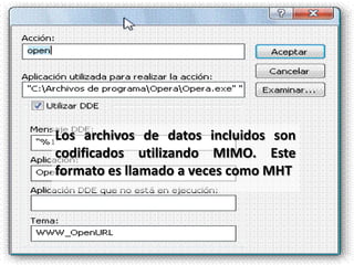 Los archivos de datos incluidos son
codificados utilizando MIMO. Este
formato es llamado a veces como MHT
 